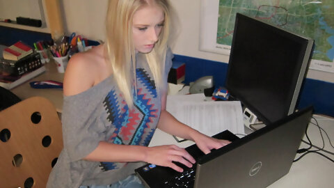 Sweet blonde teen babe in nerd glasses...