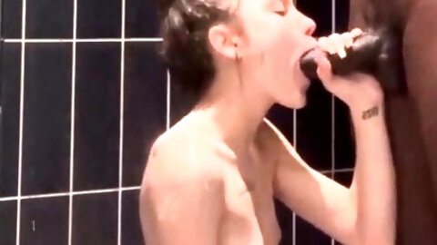 Petite Slut Sucks BBC in Shower